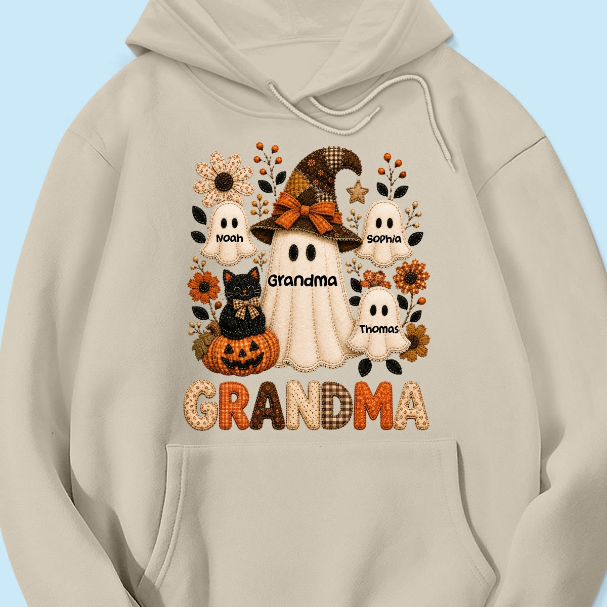 Cute Grandma Boo Witch Fall Season Halloween Faux Patchwork Pattern Coquette - Personalized Shirt - Halloween Gift For Grandma