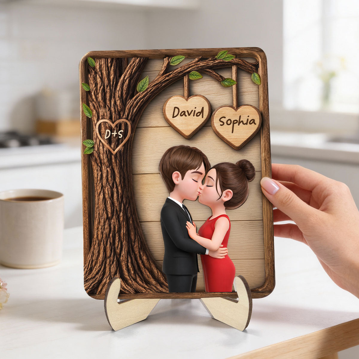 Couple Kissing Under Tree - Personalized 2-Layered Wooden Plaque - Sentimental Valentine's Day Gift for Her, for Him