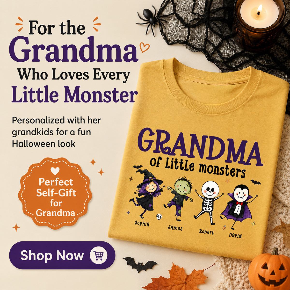Grandma Mom Of Little Monsters Cute Doodle Characters - Personalized Shirt - Halloween Costume For Mom Grandma