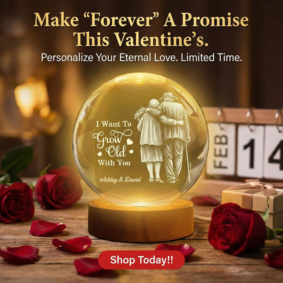 Eternal Love Old Couple Wanna Grow Old With You - Personalized Crystal Ball LED Night Light - Valentine's Day Gift For Couple