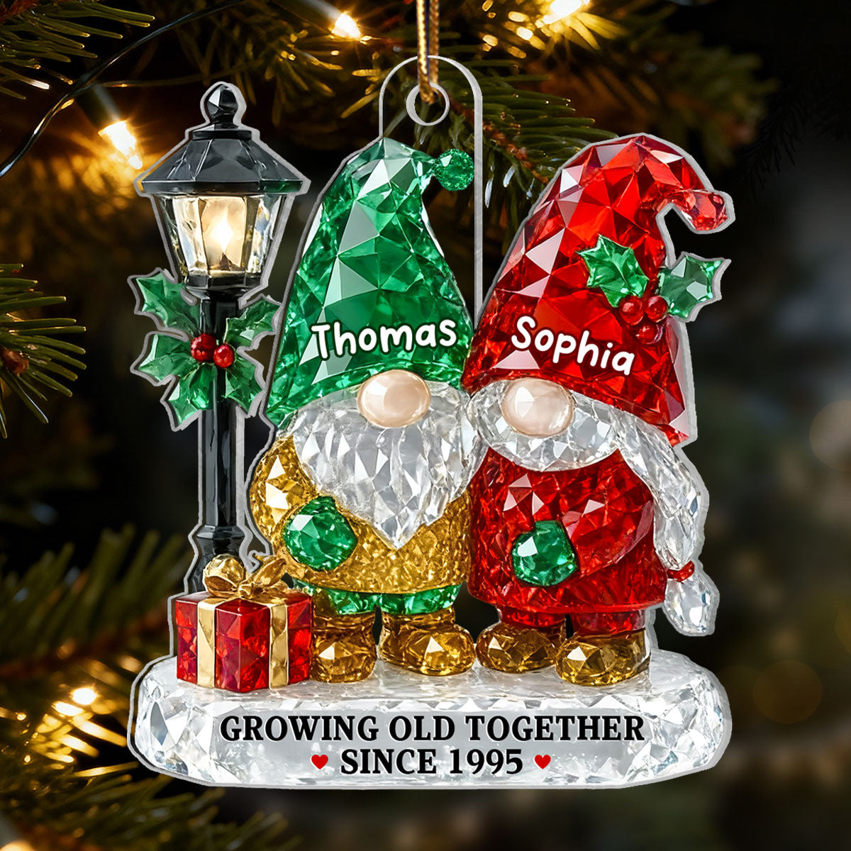 3D Crystal Effect Gnome Couple Growing Old Together - Personalized Acrylic Ornament - Gift For Couple