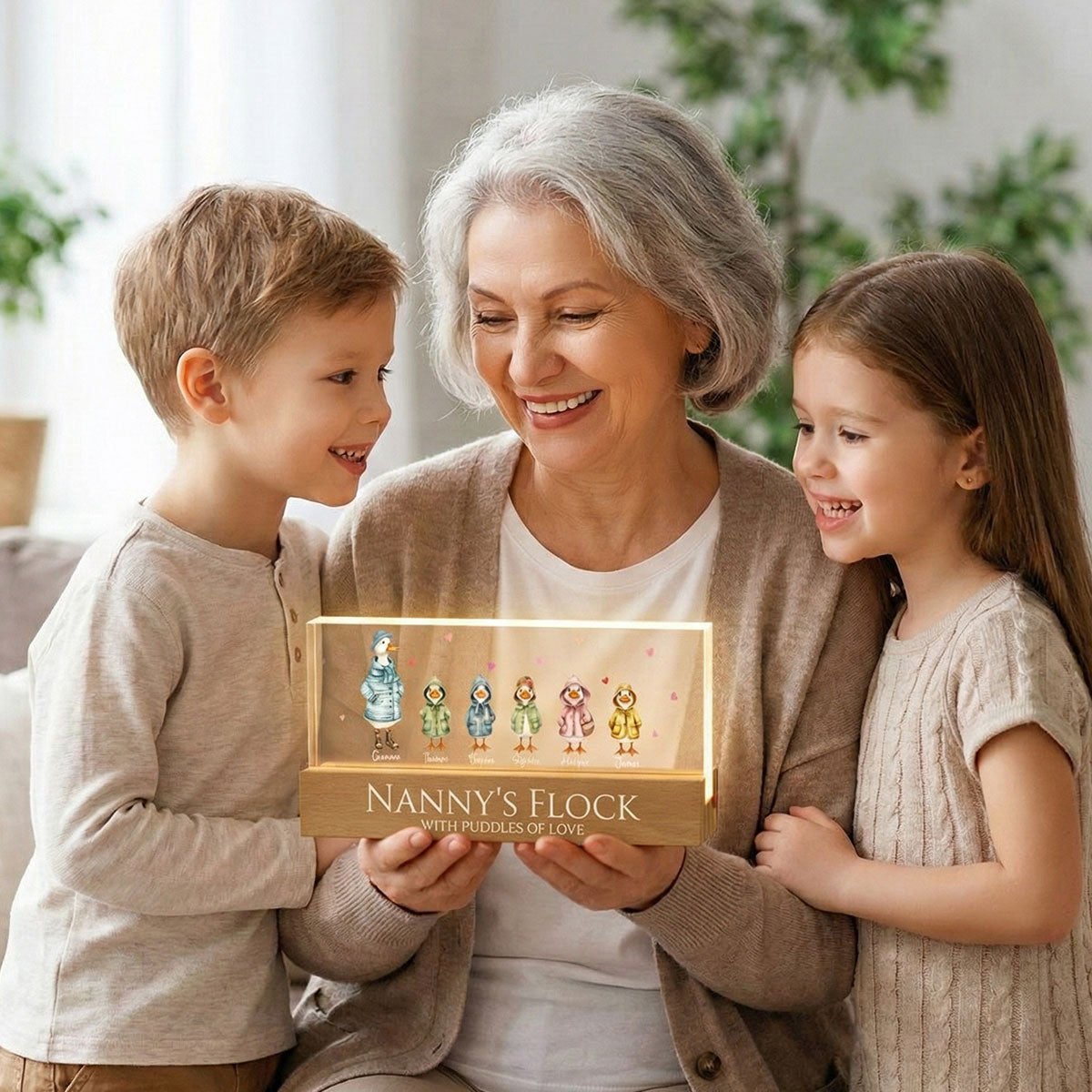Nanny's Flock Gift For Grandma Nana Grammy Cute Watercolor Ducks - Personalised Acrylic Block LED Night Light - Mother's Day Gift