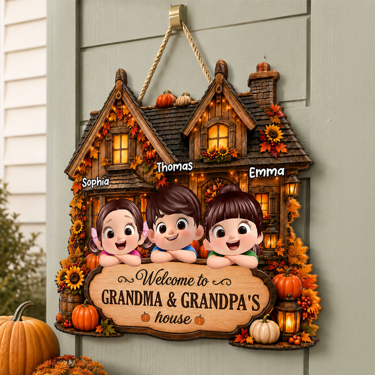 Welcome to Grandma Grandpa Fall Pumpkin House - Personalized Wooden Door Sign - Fall Thanksgiving Farmhouse Gift