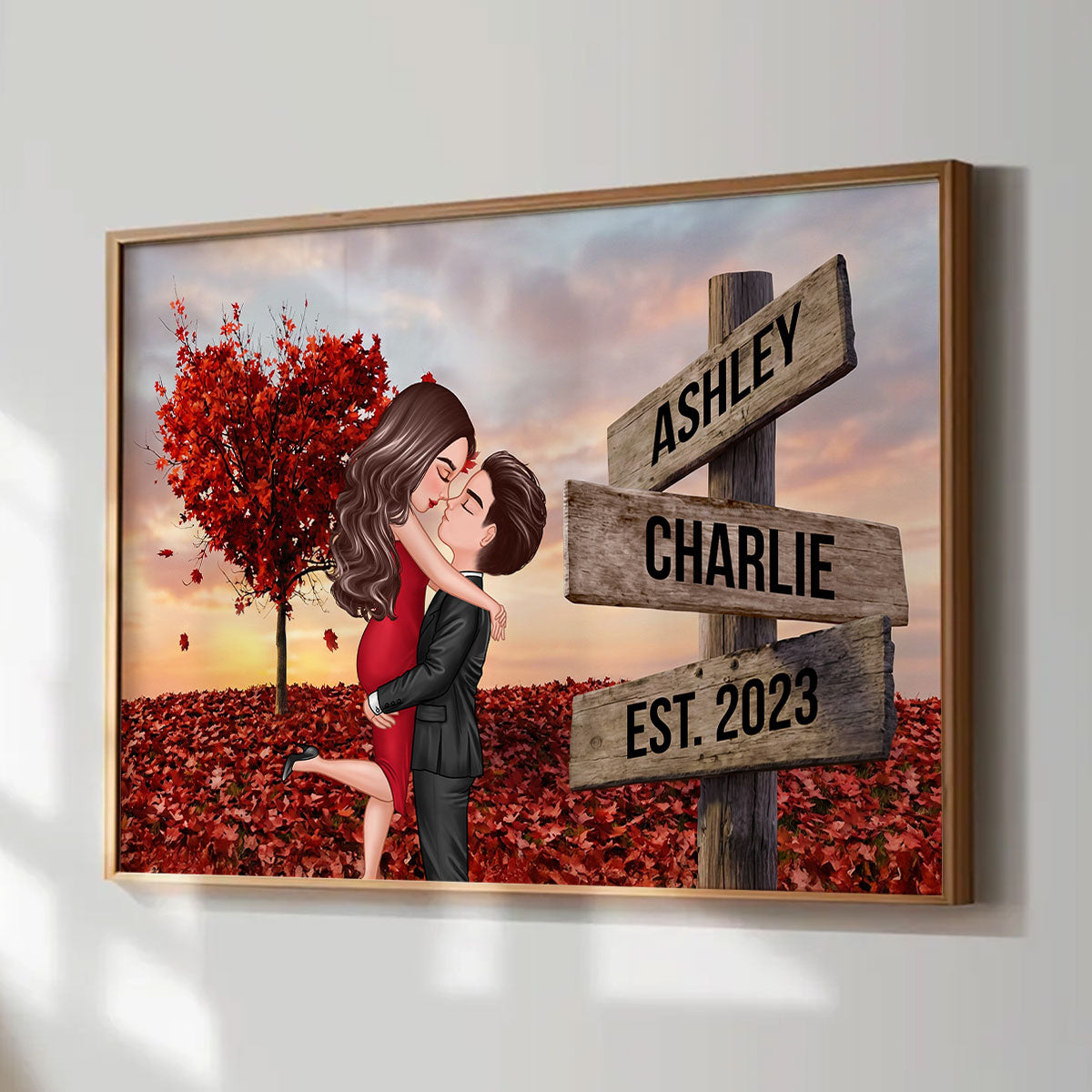Couple Hugging Kissing Sign Post - Personalized Poster - Heartfelt Gift For Him, Her, Wife, Husband, Couple