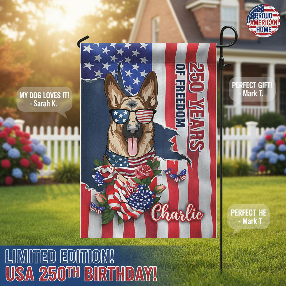 USA 250th Birthday Patriotic Flag Dog - Personalized Garden Flag - Gift For Dog Lovers