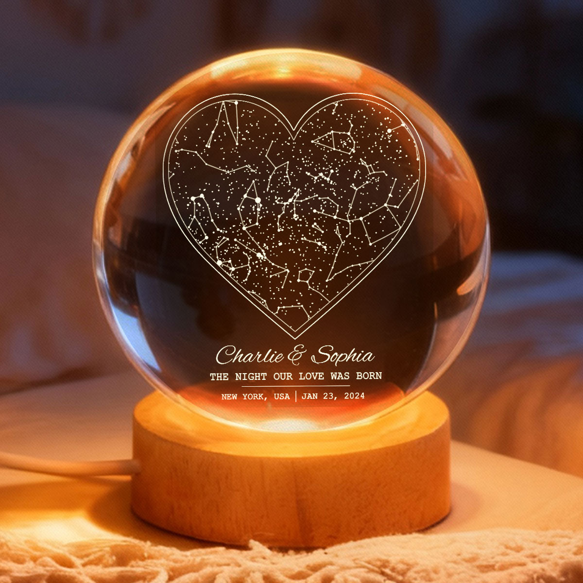 Star Map By Date Couple - Personalized Crystal Ball LED Night Light - Anniversary, Valentine's Day Gift, Gift For Him, Gift For Her