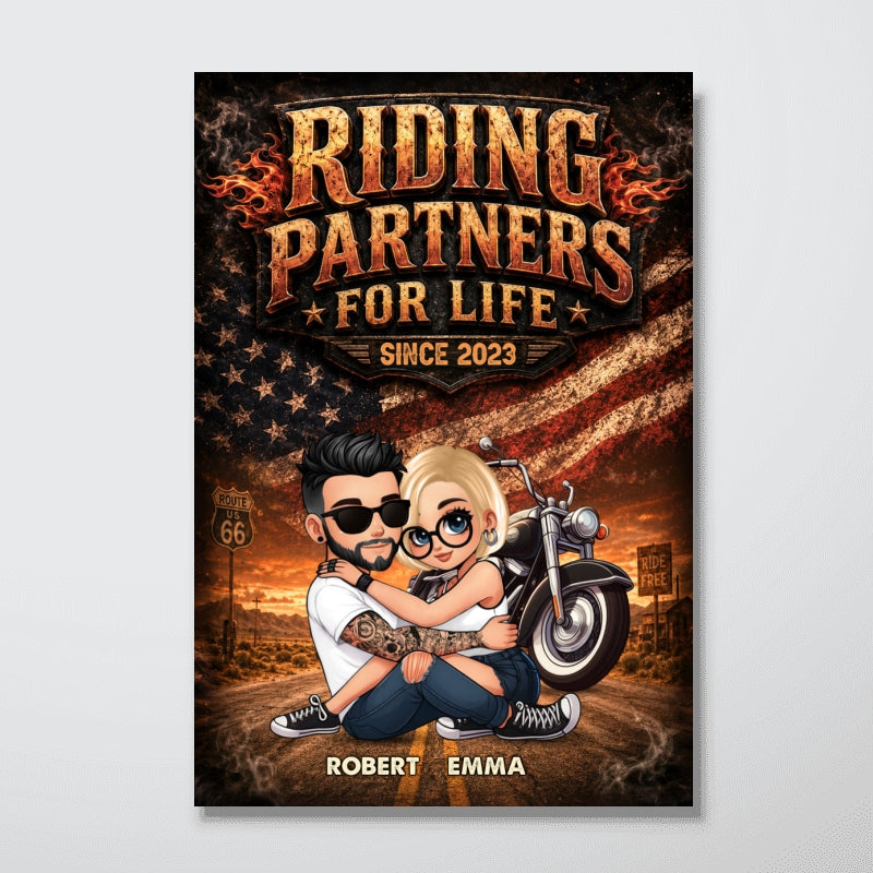 Bikers Couple Riding Partners for Life Nation Flag - Personalized Poster - Gift for Him, for Her