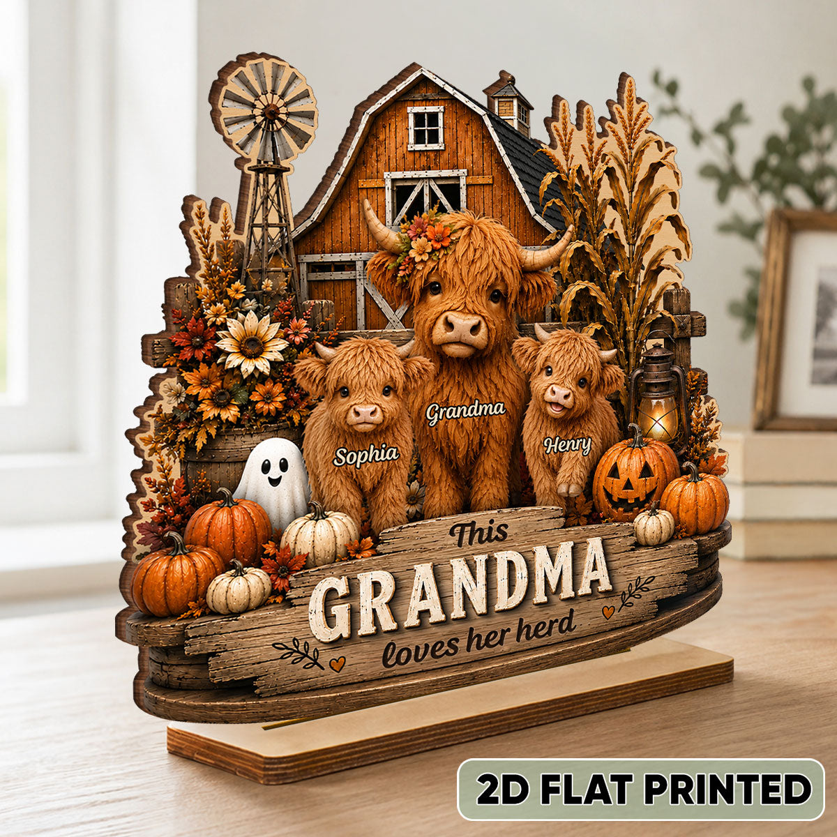 This Grandma Loves Her Herd - Personalized 2-Layered Wooden Plaque - Rustic Farmhouse Fall Decor for Grandma