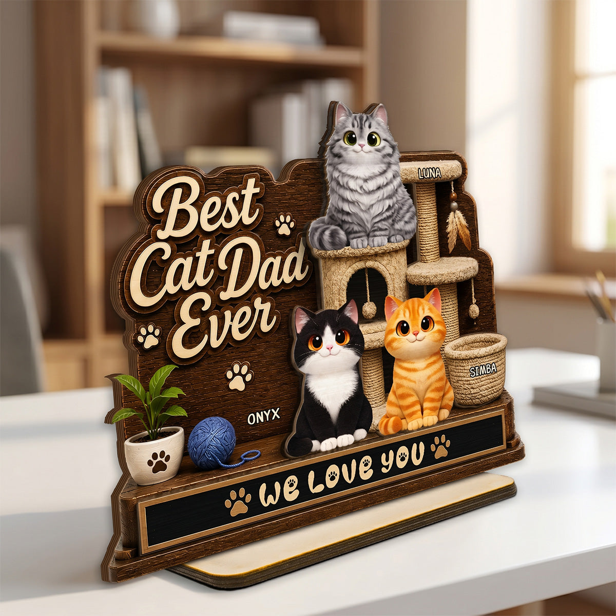 Best Cat Dad Ever Cute Cats On Cat Tree 2D Flat - Personalized 2-Layered Wooden Plaque -  Gift For Cat Dad
