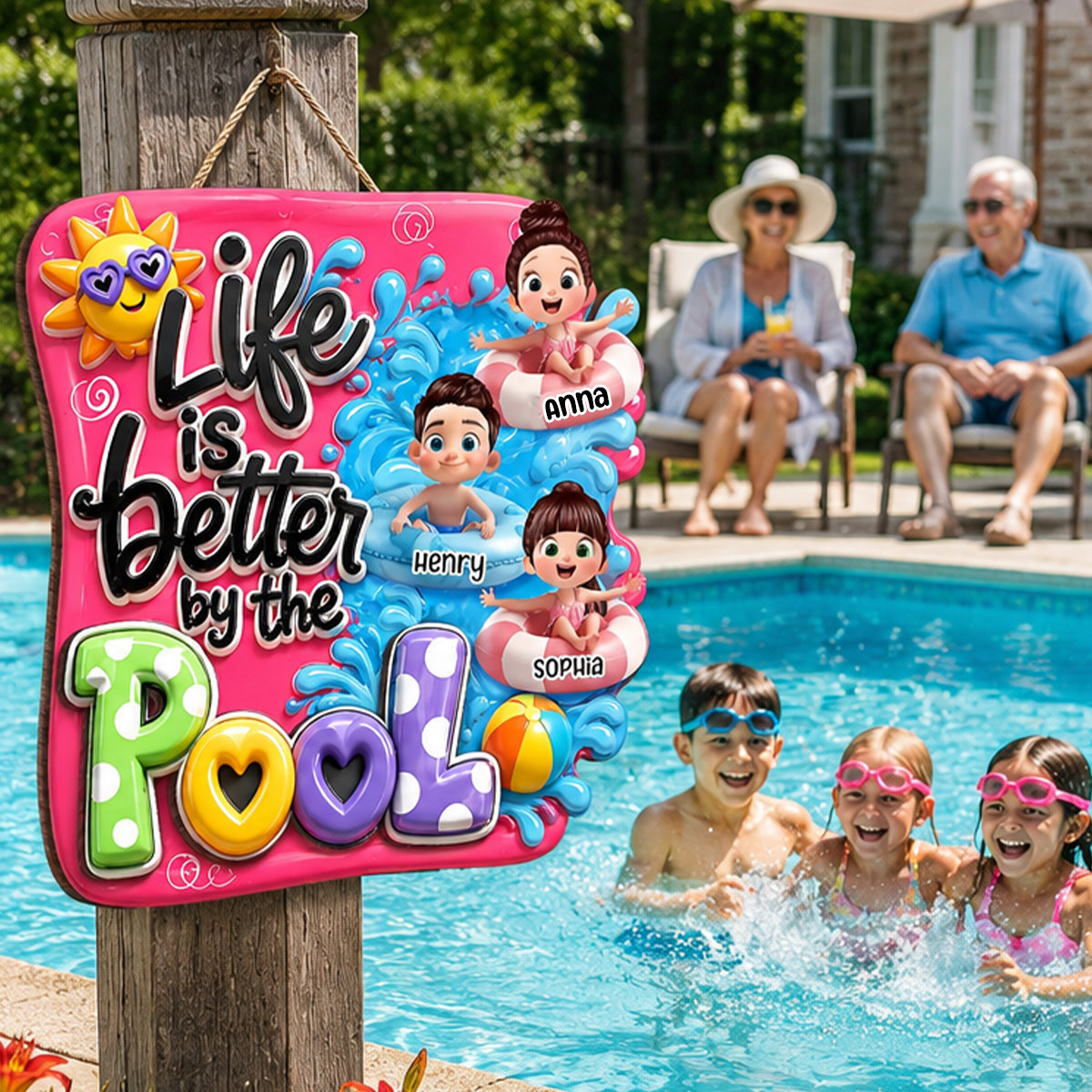 Life Is Better By The Pool Kids - Personalized Wood Sign - Gift For Grandparents, Summer Decoration