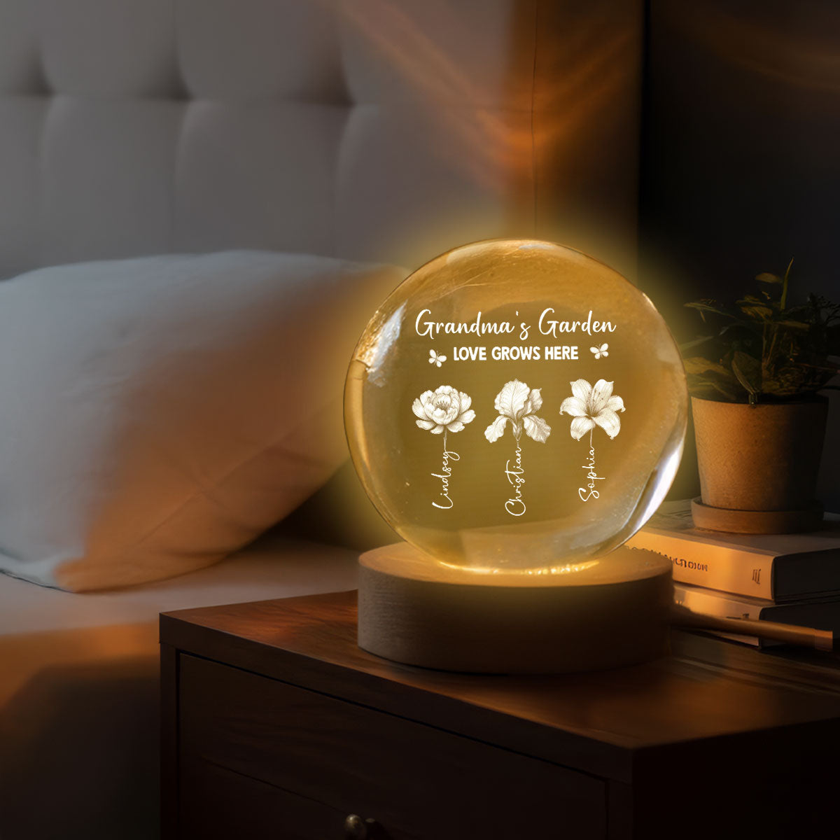 Grandma's Garden 3D Effect Birth Month Flowers - Personalized Crystal Ball LED Night Light