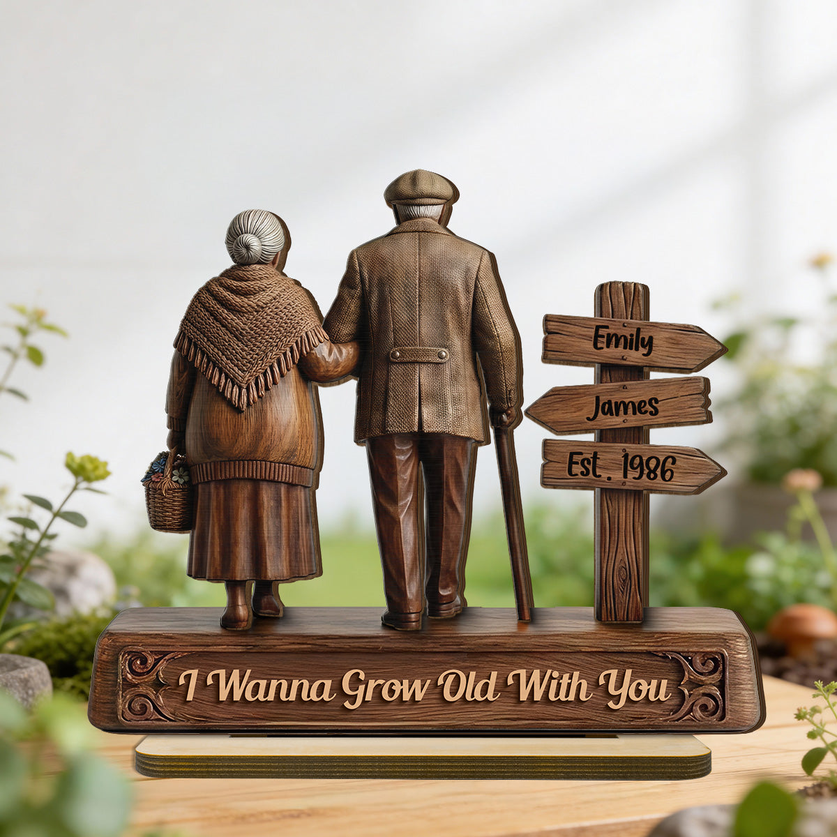 Old Couple Walking Side By Side Sign Post 2D Flat - Personalized 2-Layered Wooden Plaque