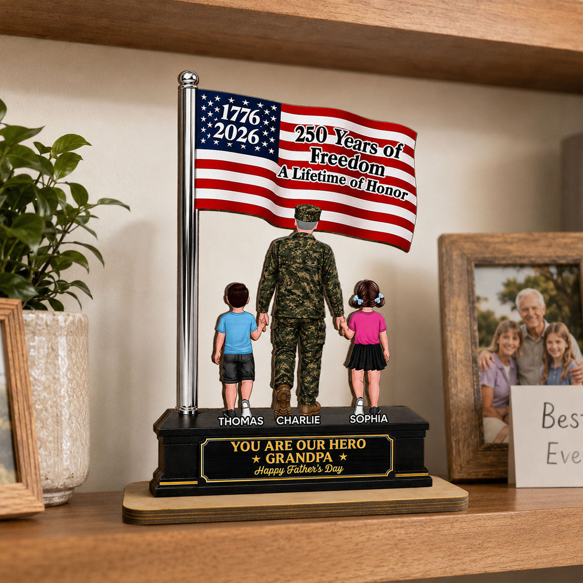 Proud American Military Veteran Grandpa Dad America 250th Anniversary - Personalized 2-Layered Wooden Plaque -  Gift For Dad, Grandpa Husband