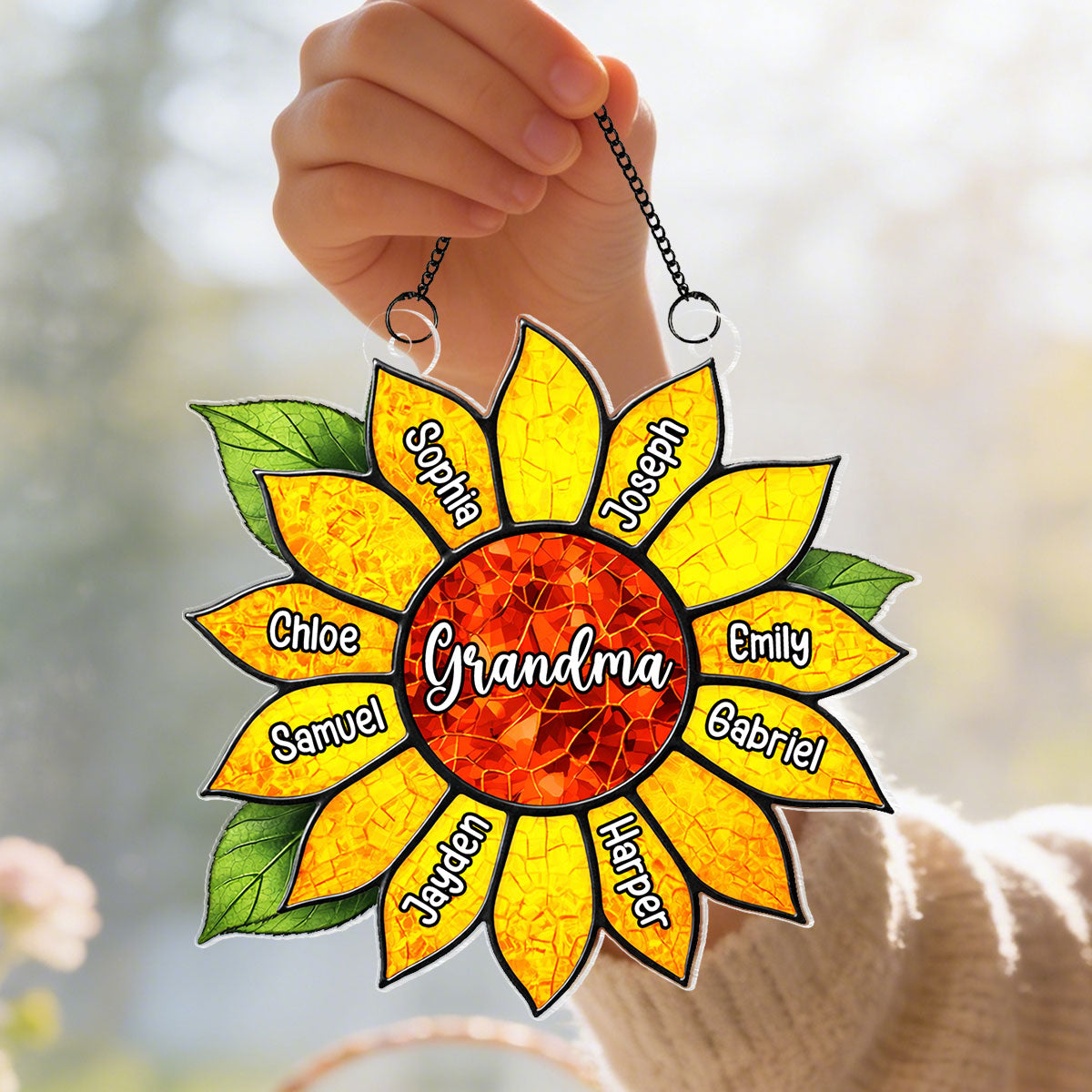 Grandkids Name In Sunflower Daisy - Personalized Suncatcher - Mother's Day Home Decor Gift For Grandma