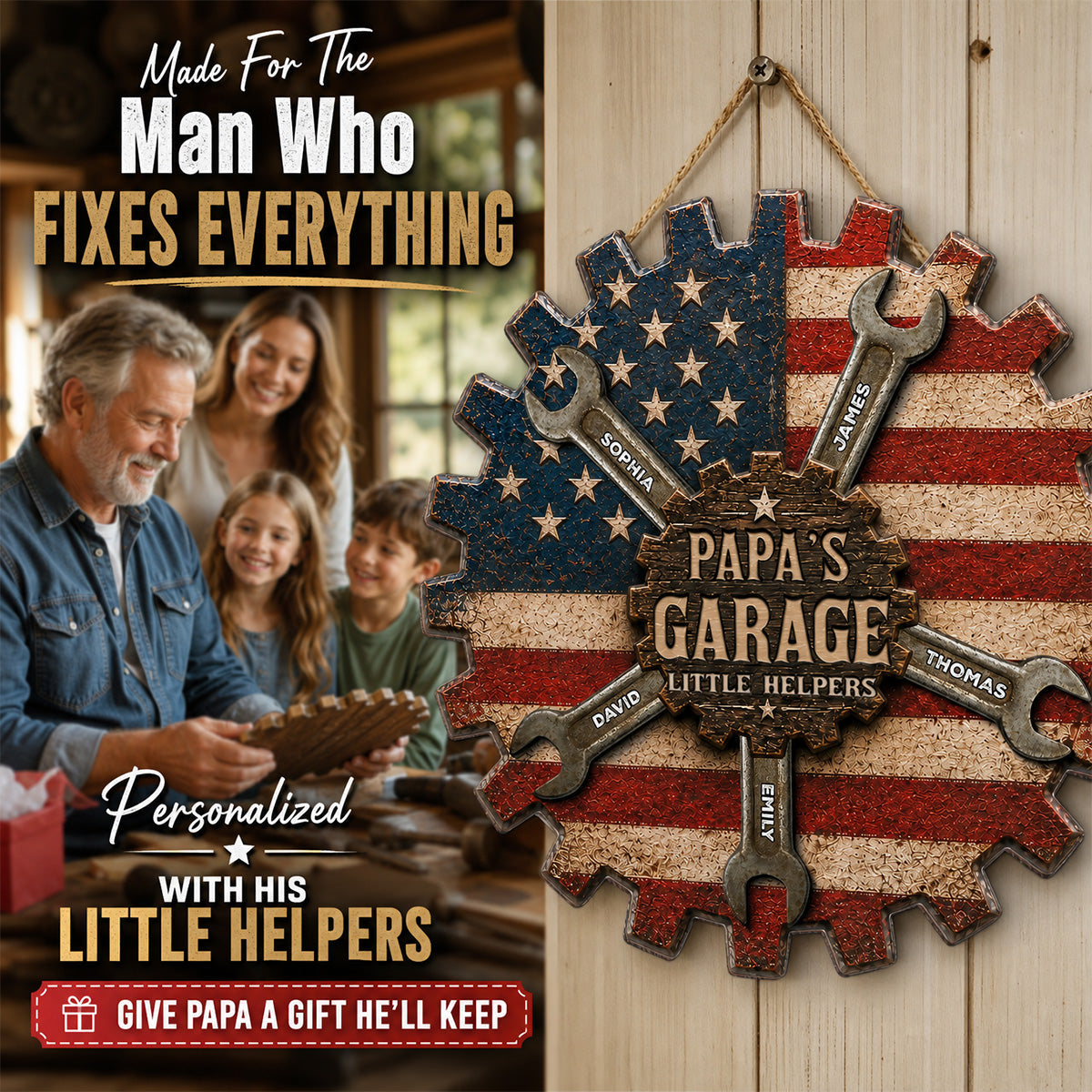 Rustic Workshop Little Helpers Nation Flag Theme 2D Flat - Personalized Wooden Garage Sign - Father's Day Gift For Patriotic Mechanic Dad, Grandpa