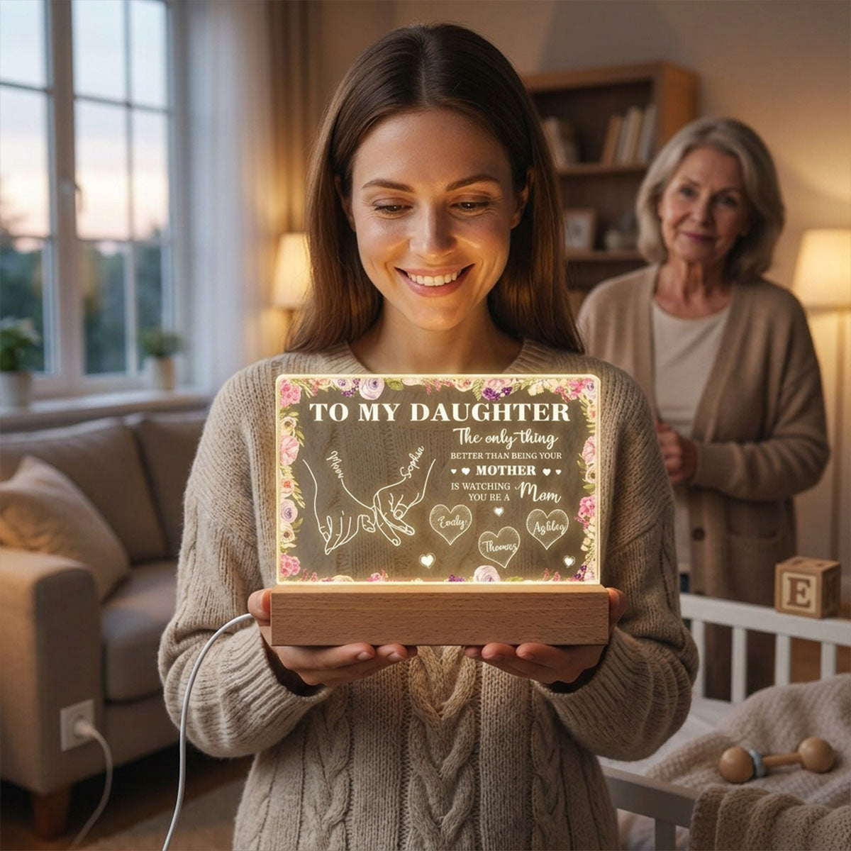 To My Daughter Mom And Daughter Holding Hands Custom Kids Names - Personalized Acrylic Block LED Night Light - Mother's Day Gift For Daughter