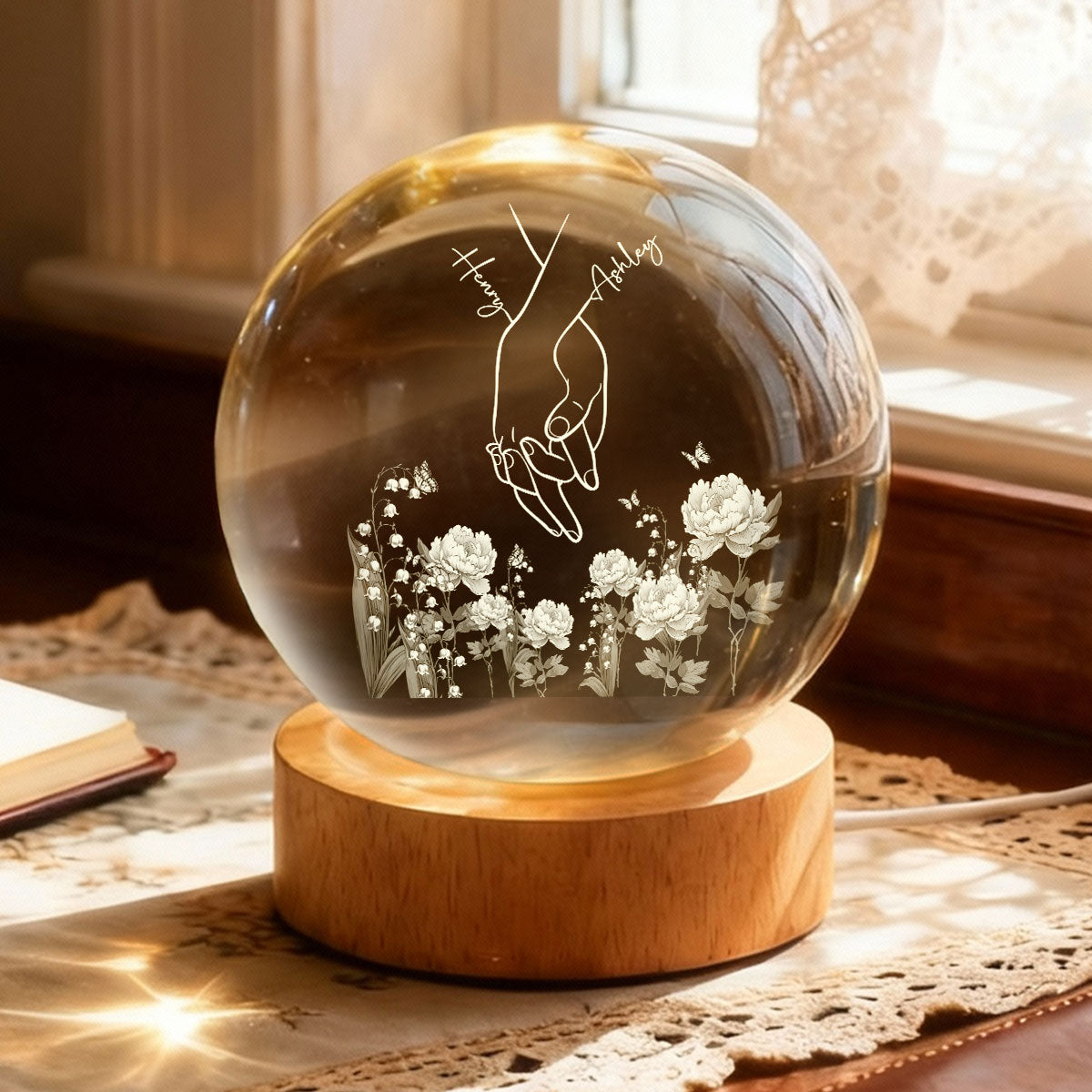 I Love You Couple Hand Print Birth Flower - Personalized Crystal Ball LED Night Light - Sentimental Gift for him, for her