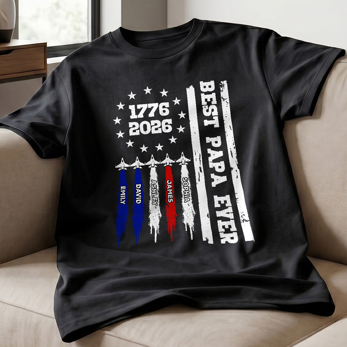 Best Dad Grandpa Ever Jets Smoke Custom Kid Name - Personalized Shirt - American 250th Anniversary Keepsake For Husband, Dad, Grandpa
