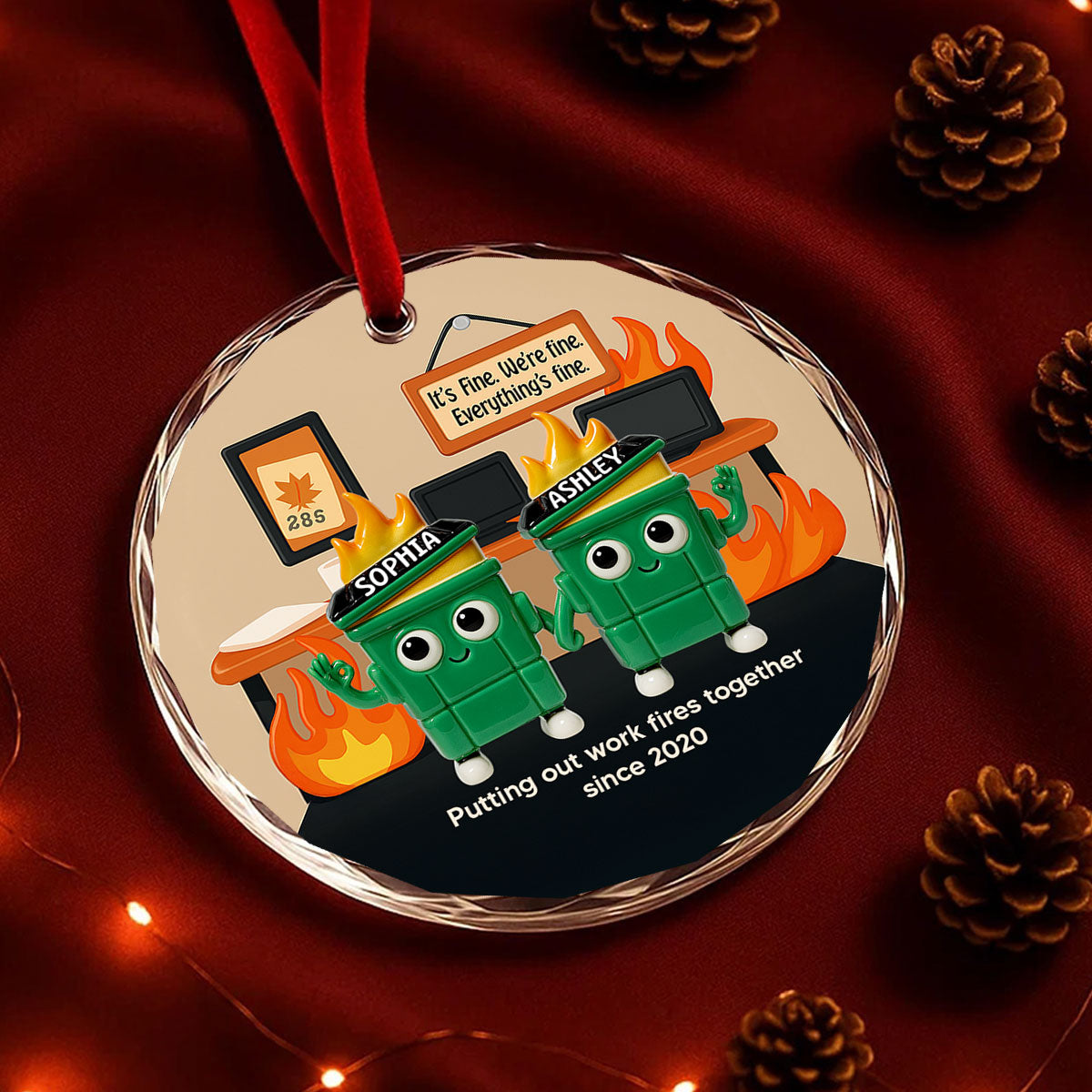 3D Effect Dumpster Fires In Office Scene - Personalized Glass Ornament - Funny Gift For Colleagues, Work Besties