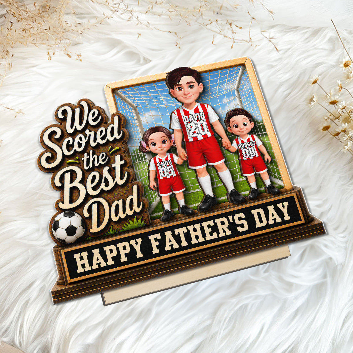 We Scored The Best Dad Dad & Kids In Goal 2D Flat - Personalized 2-Layered Wooden Plaque -  Gift For Soccer Dad, UK Football Dad