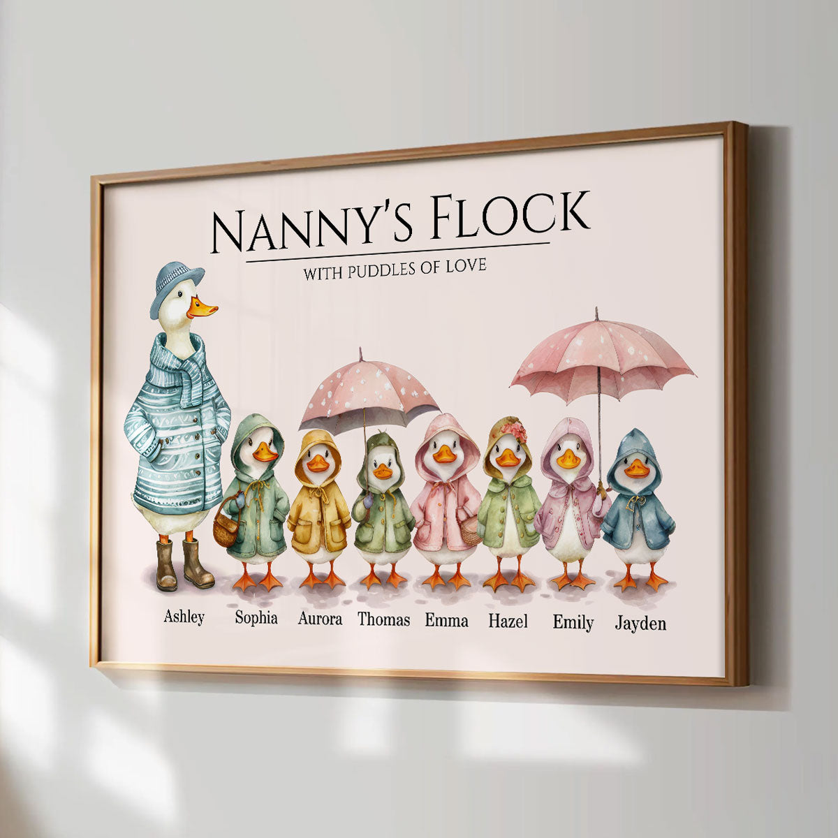Nanny's Flock Gift For Grandma Nana Grammy Cute Watercolor Ducks Personalised Poster, Mother's Day Gift