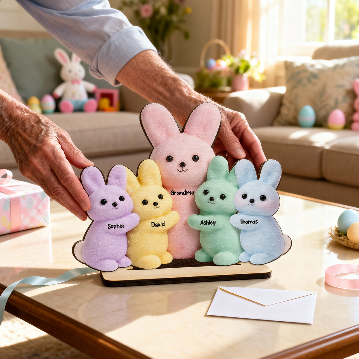 Grandma and Grandkids Bunnies - Personalized 2-Layered Wooden Plaque - Easter Decor Gift for Grandma, Mom