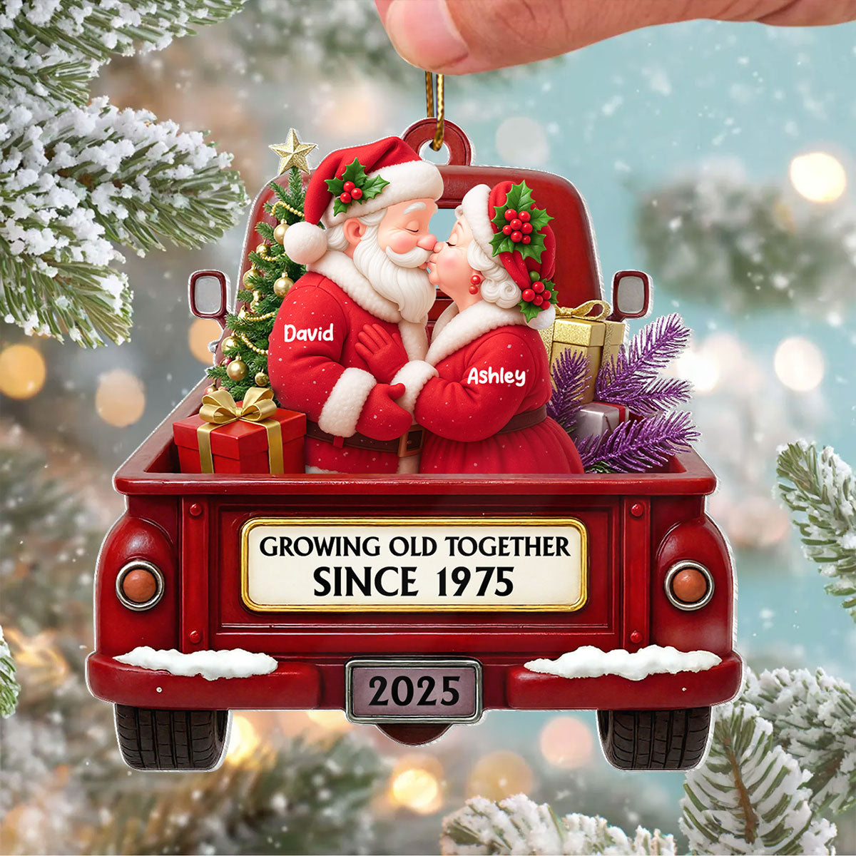 Growing Old Together Santa Couple Red Truck - Personalized Acrylic Ornament - Heartwarming Christmas Gift For Him, For Her, For Couple