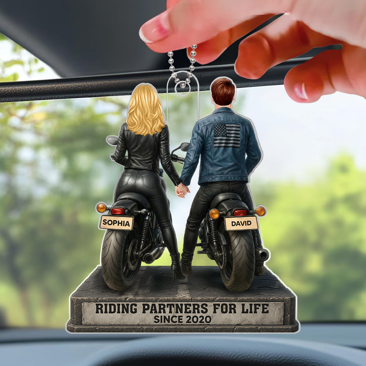 Biker Couple Riding Partners for Life - Personalized Acrylic Car Hanger - Sentimental Gift for her, for him