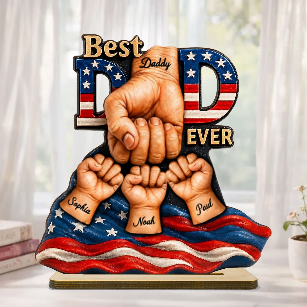 American Dad And Kids Fist Bump - Personalized 2-Layered Wooden Plaque -  Gift For Dad, Husband