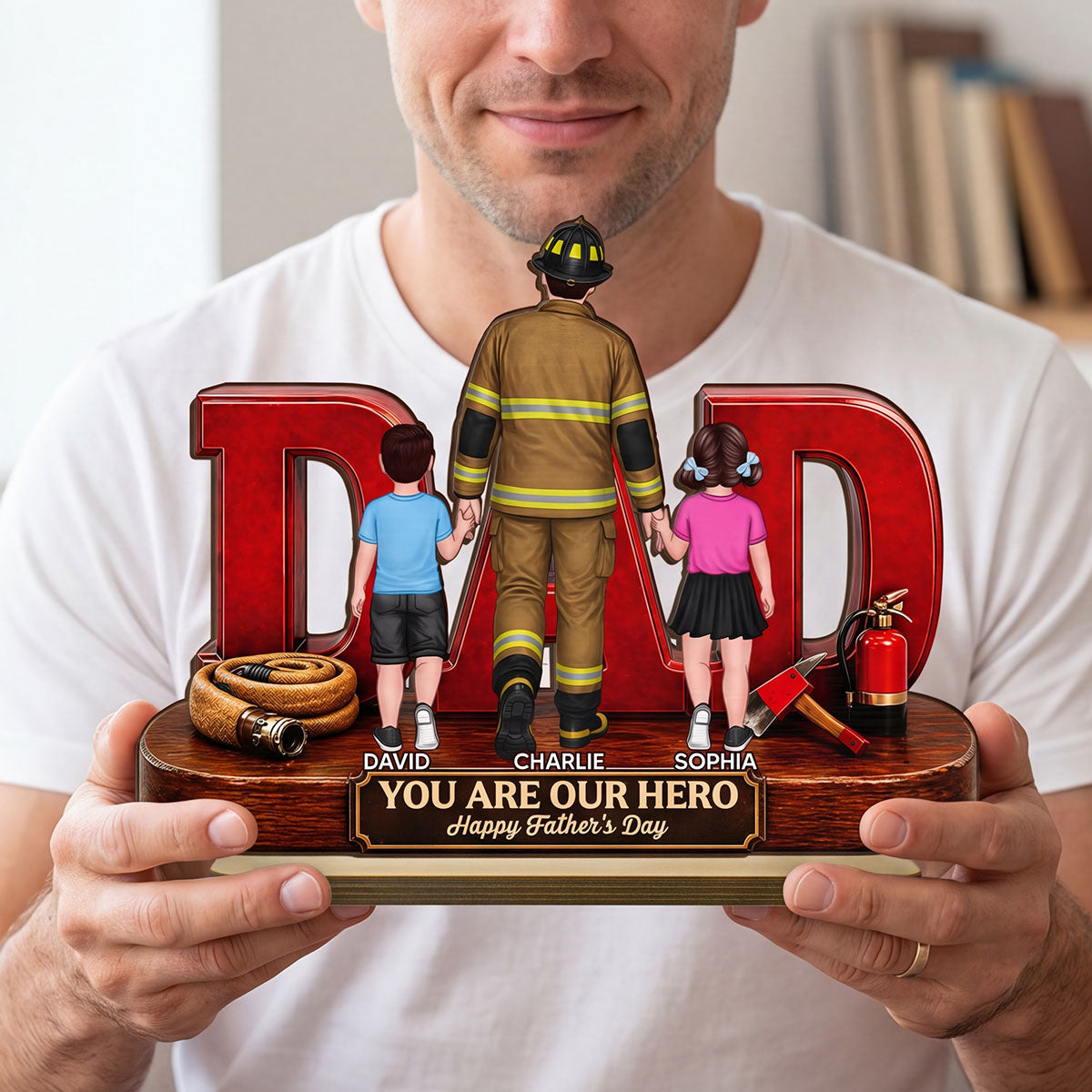 Proud Firefighter Dad You Are Our Hero - Personalized 2-Layered Wooden Plaque - Unique Birthday Gift For Dad