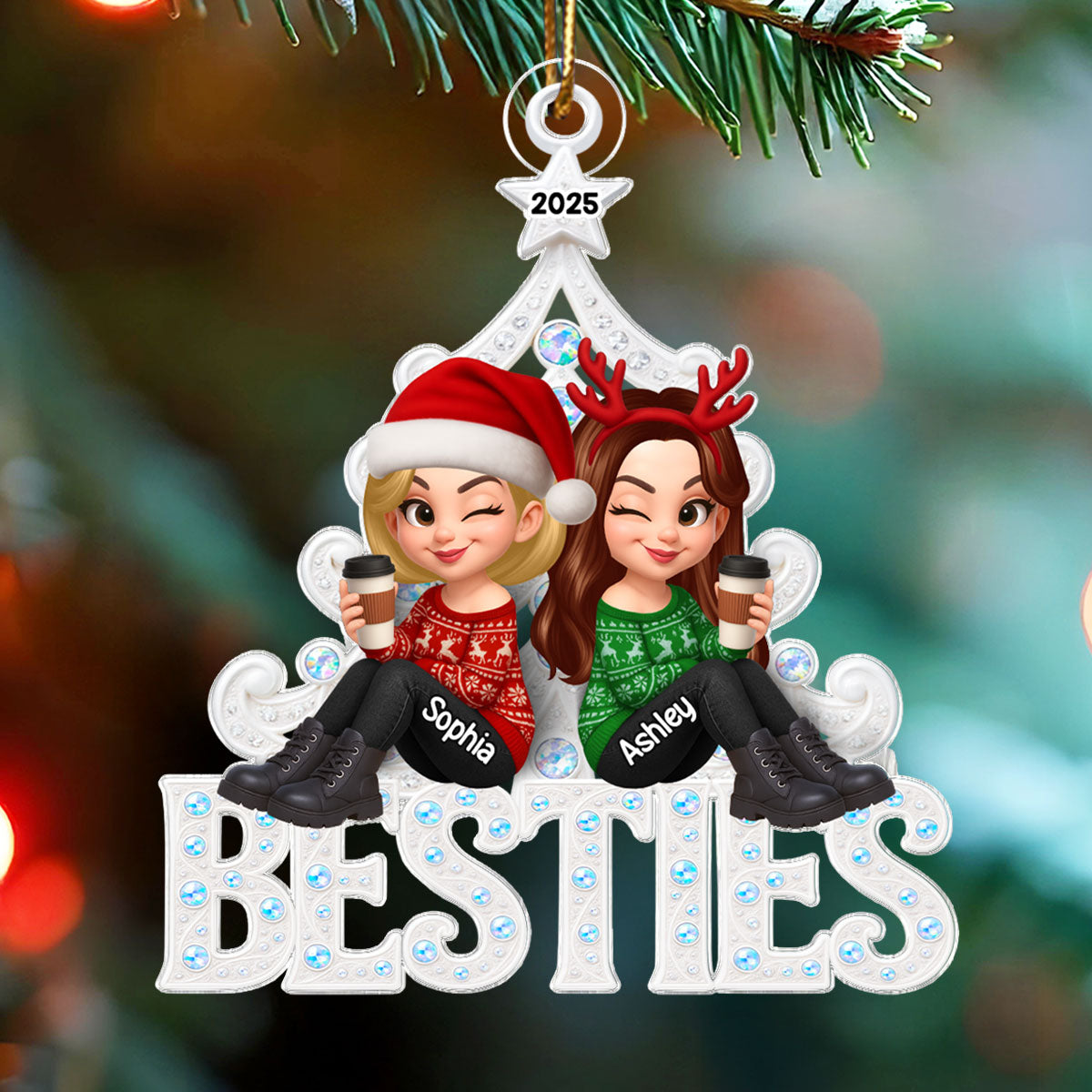 Metal Pattern Christmas Tree Besties - Personalized Acrylic Ornament - Christmas Gift for Besties