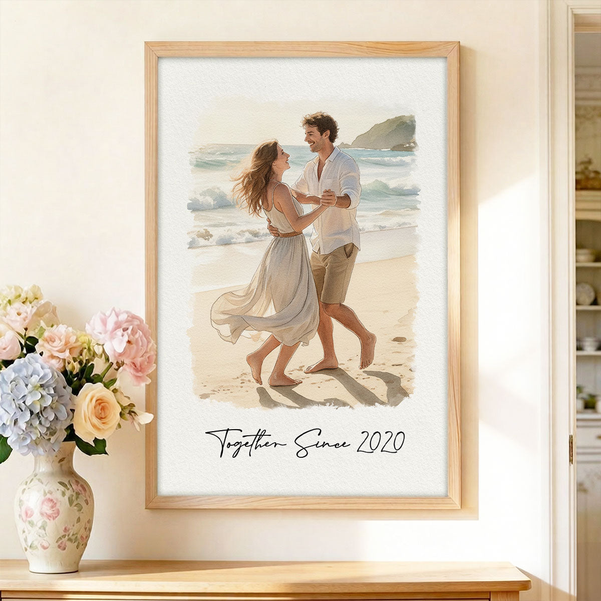 Watercolor Couple Family Pet Portrait - Personalized Poster - Anniversary Gift For Couple