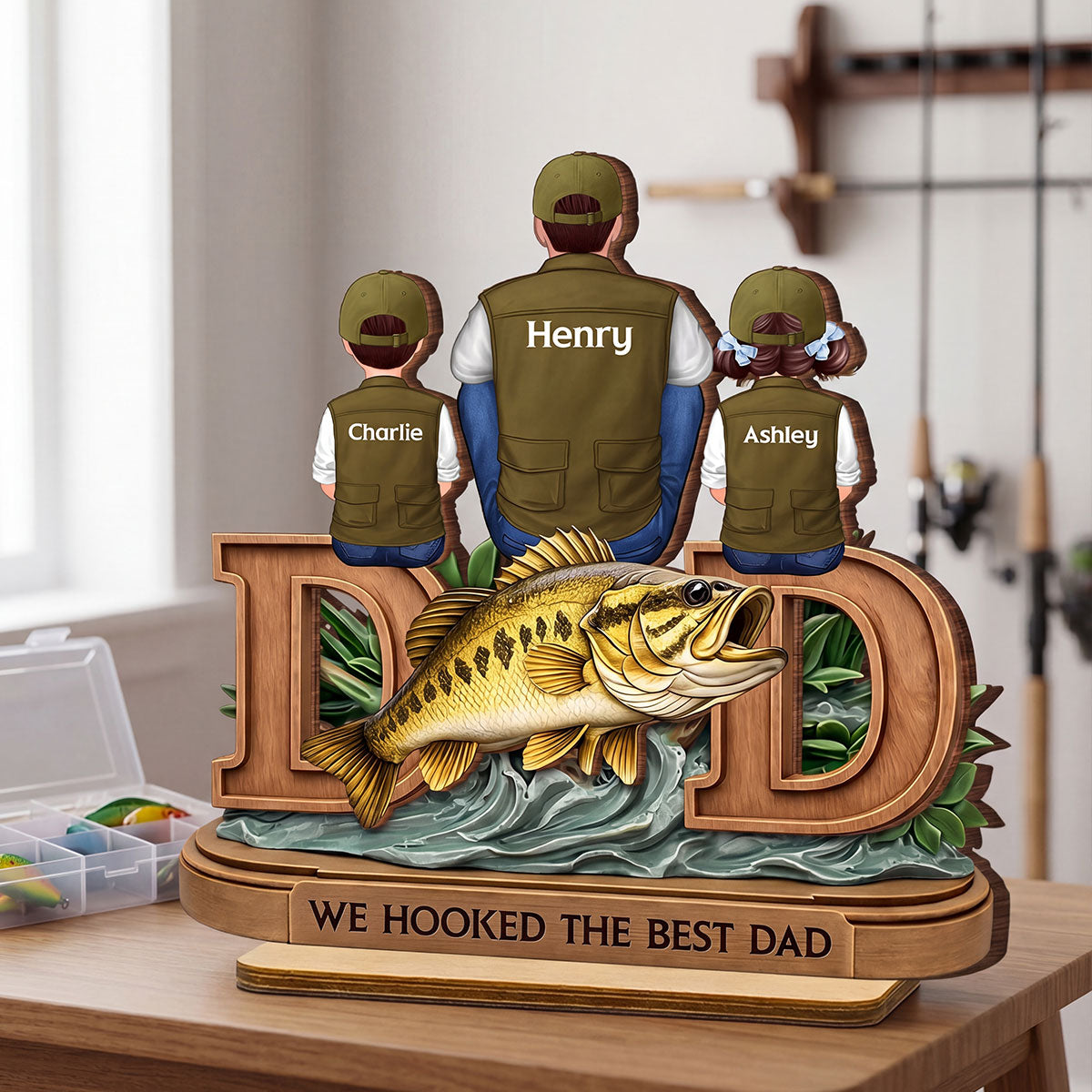 Fishing Dad And Kids Sitting Together - Personalized 2-Layered Wooden Plaque - Heartfelt Gift For Dad, Gift For Husband