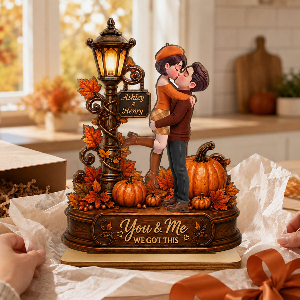 Couple Hugging Under Lamp Post Fall Season - Personalized 2-Layered Wooden Plaque - Heartfelt Gift for Her, for Him