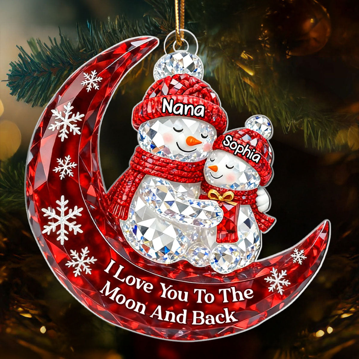 3D Crystal Effect Snowman Grandma Grandkid Love to the Moon - Personalized Acrylic Ornament - Christmas Gift for Grandma, Grandkids