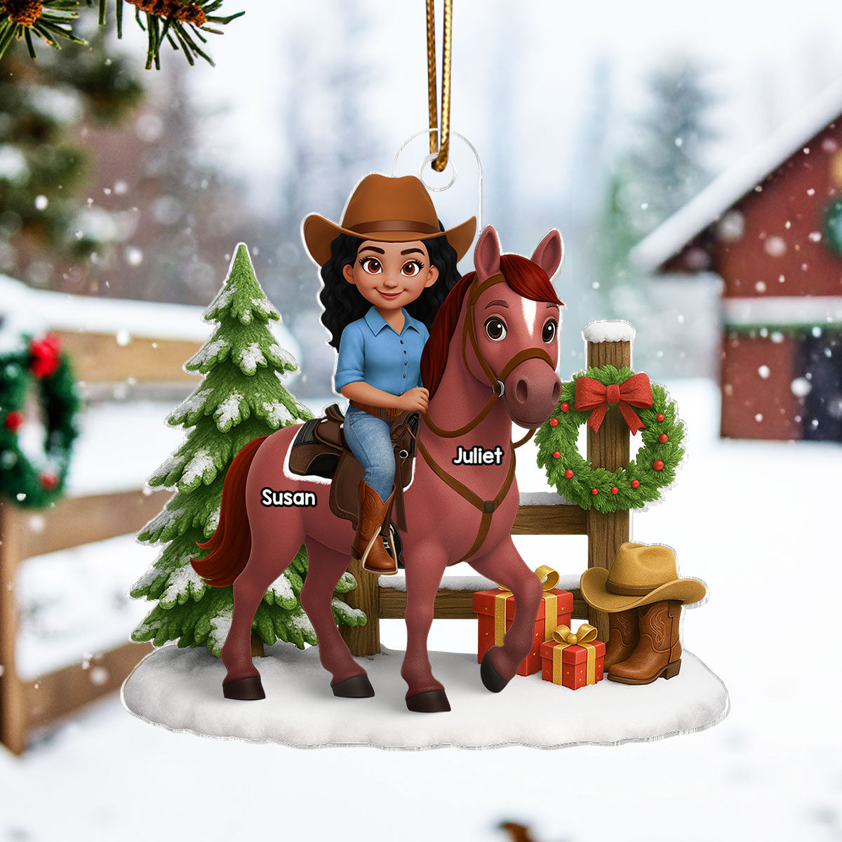 3D Effect Cowgirl and Her Horse Christmas - Personalized Acrylic Ornament