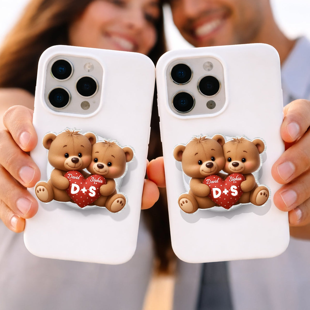 Bear Couple Holding Heart - Personalized Acrylic Magnetic Phone Grip - Gift for him, for her, Matching Phone Grips for Couple