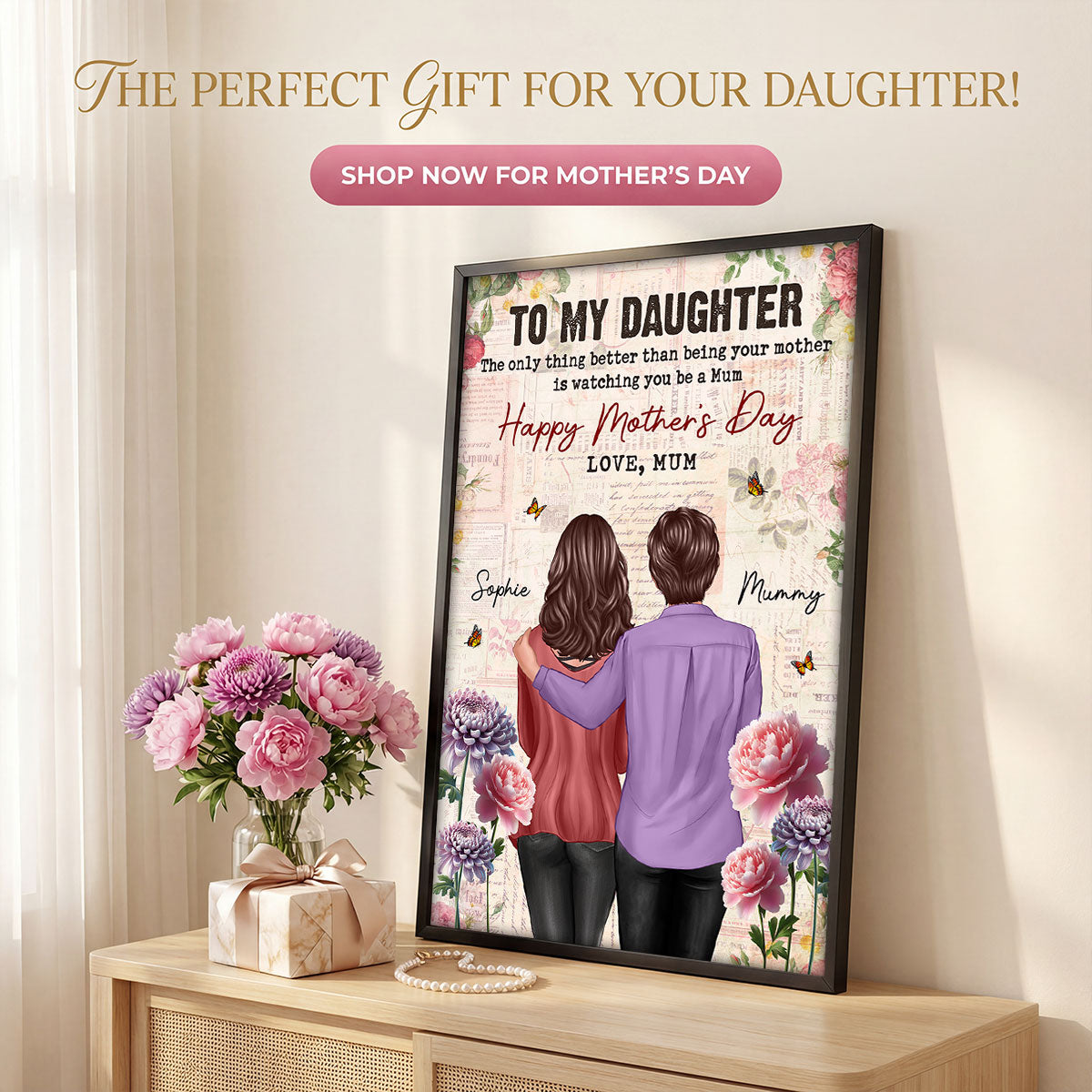 Vintage Floral Newspaper To My Daughter From Mum Birth Month Flower - Personalised Poster