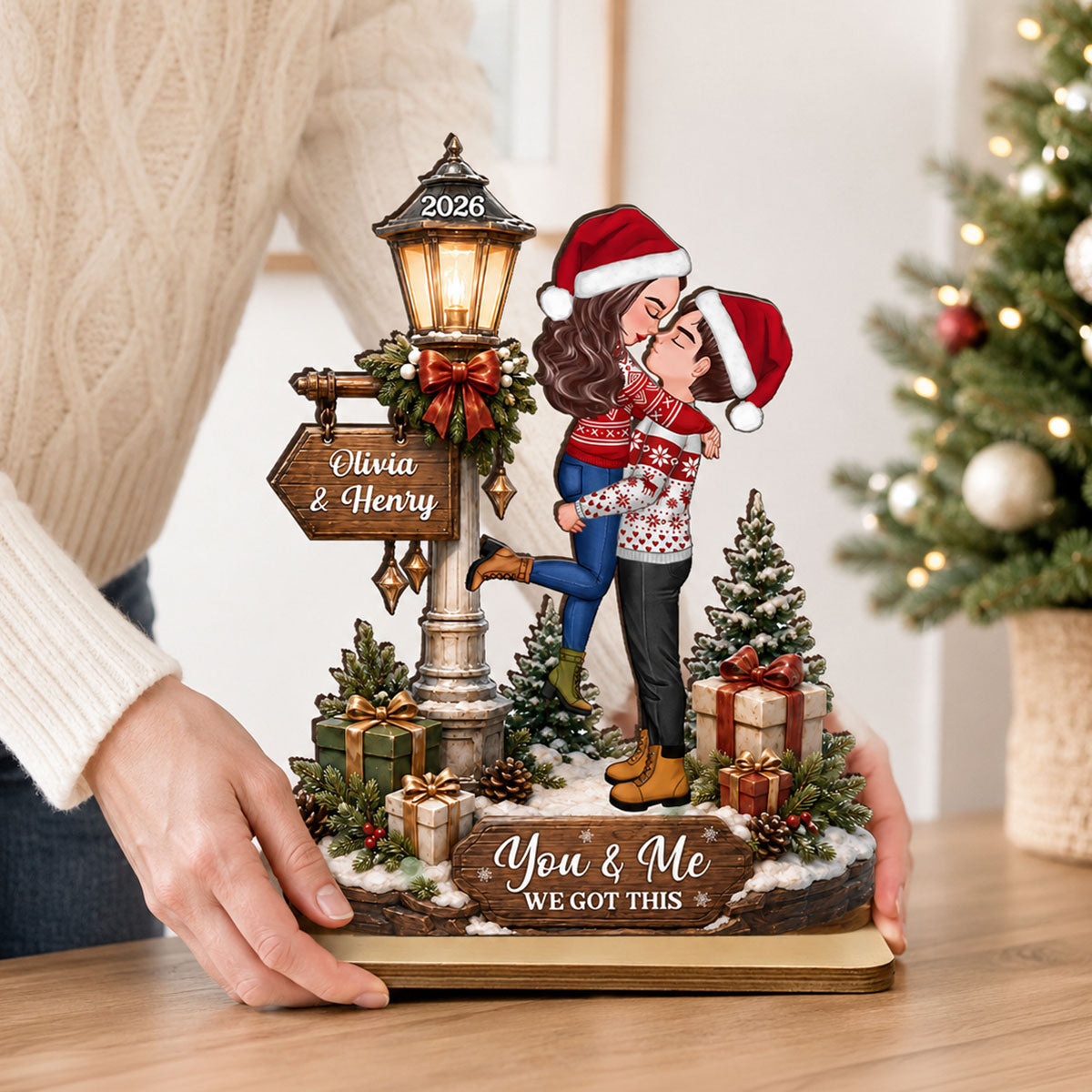 Couple Kissing Under Lamp Post - Personalized 2-Layered Wooden Plaque - Christmas Decor, Gift for Her, Gift for Him