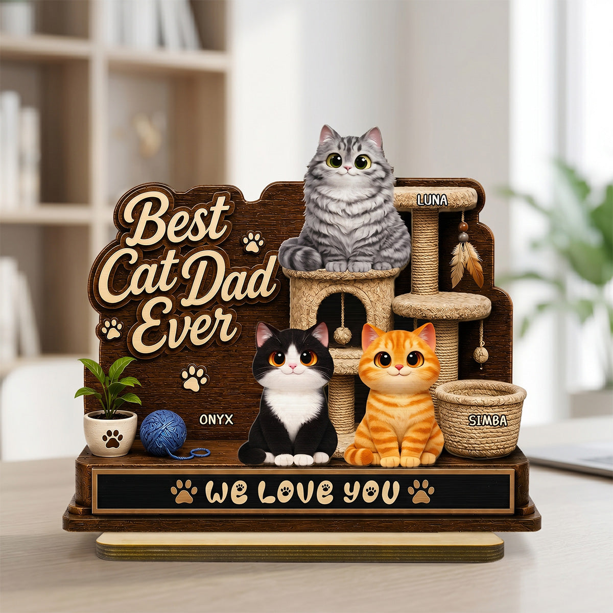 Best Cat Dad Ever Cute Cats On Cat Tree 2D Flat - Personalized 2-Layered Wooden Plaque -  Gift For Cat Dad