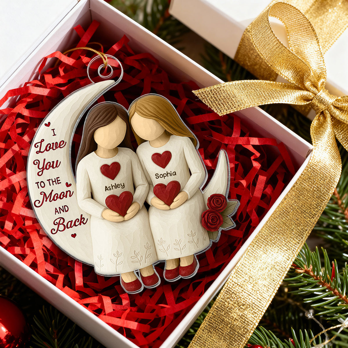 3D Effect Roses Sisters On Moon Wooden Texture - Personalized Acrylic Ornament - Christmas Gift For Sisters