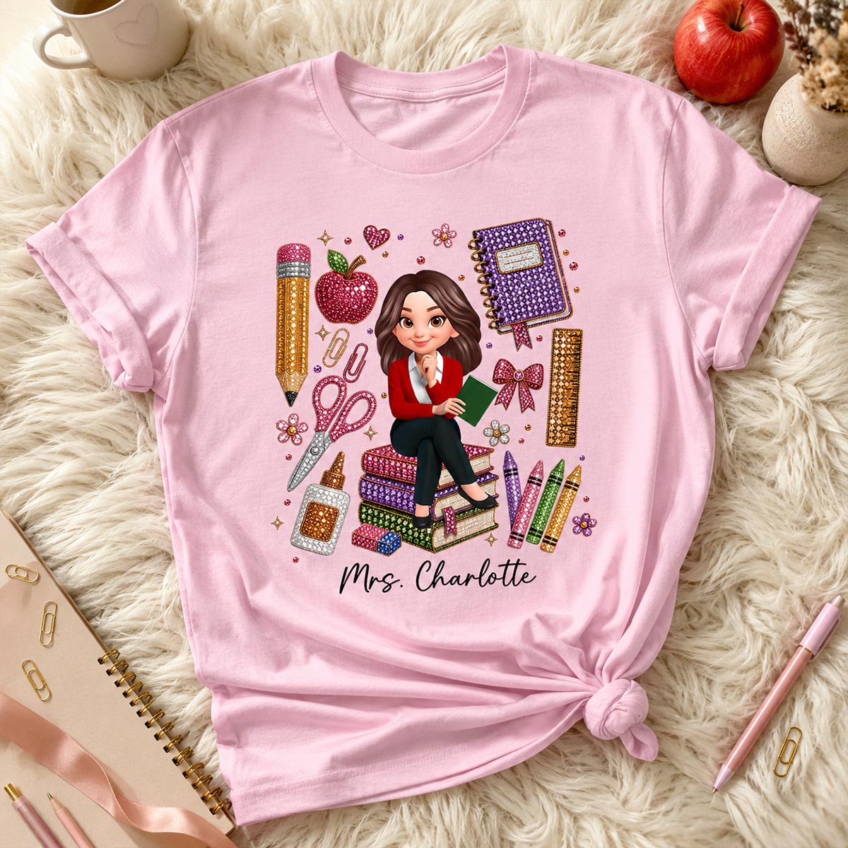 Teacher Sitting With School Supplies Faux Rhinestone – Personalized Shirt – Back To School Gift For Teacher