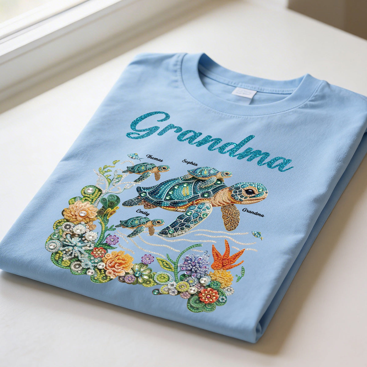 Mom Grandma Sea Turtle Rhinestones Style 2D Printed - Personalized Shirt - Mother's Day Gift For Mom Grandma