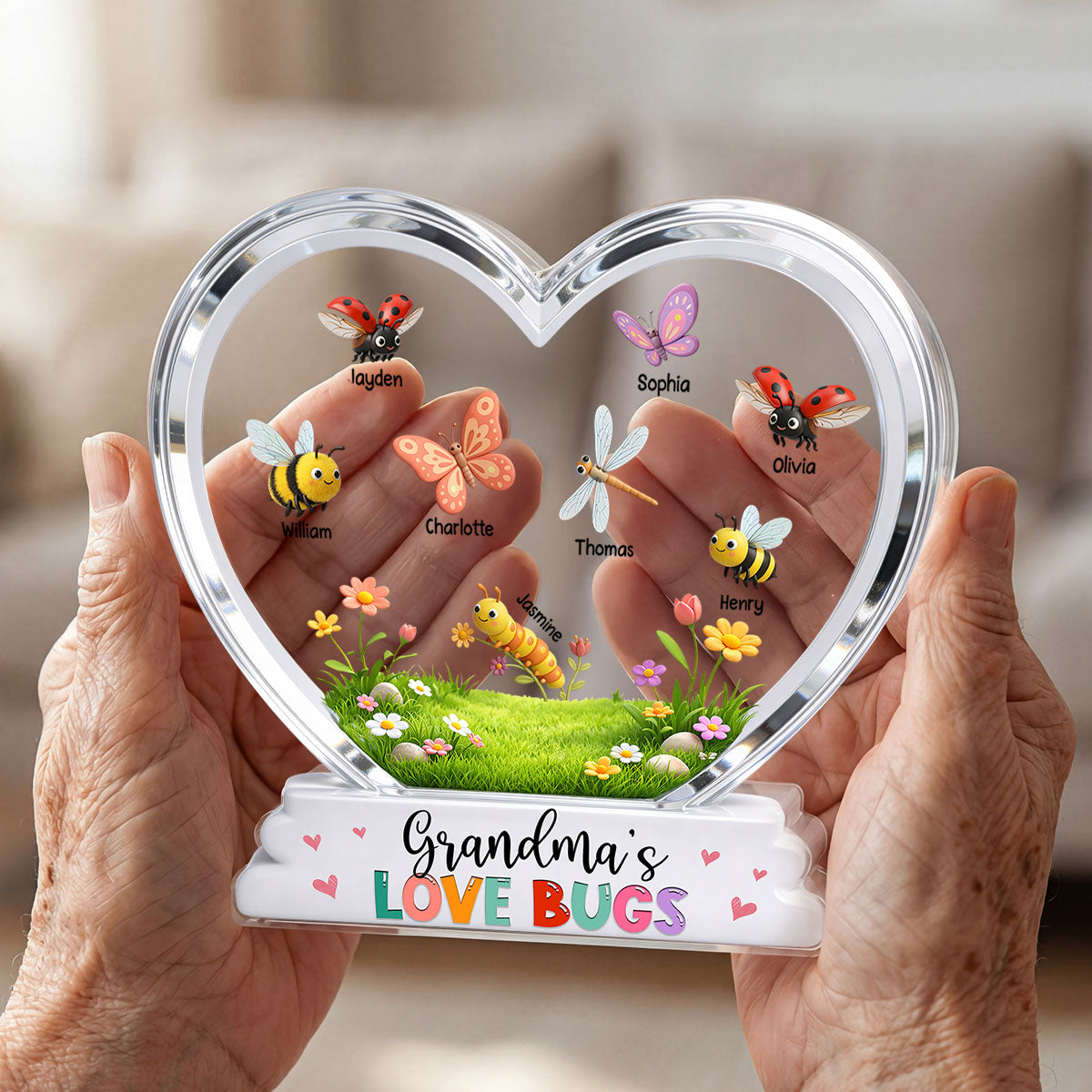 Grandma's Love Bugs Custom Grandkids Name - Personalized Acrylic Block Plaque - Mother's Day Gift For Grandma, Mom