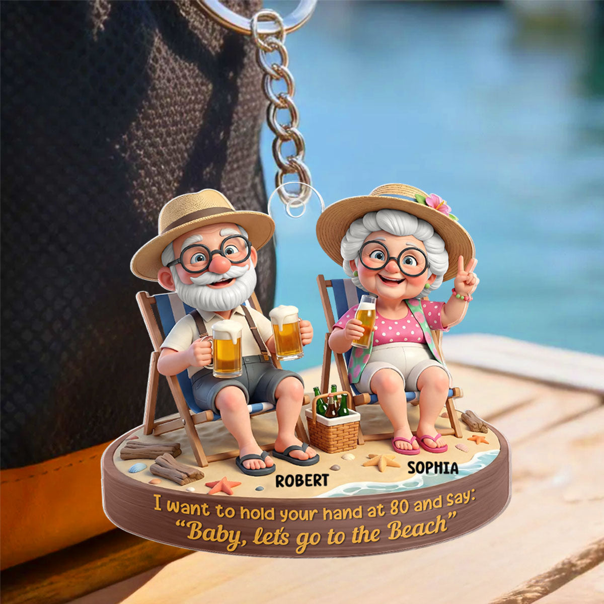 3D Effect Old Couple Baby Let's Go to the Beach  - Personalized Acrylic Keychain - Sentimental Gift for him, for her