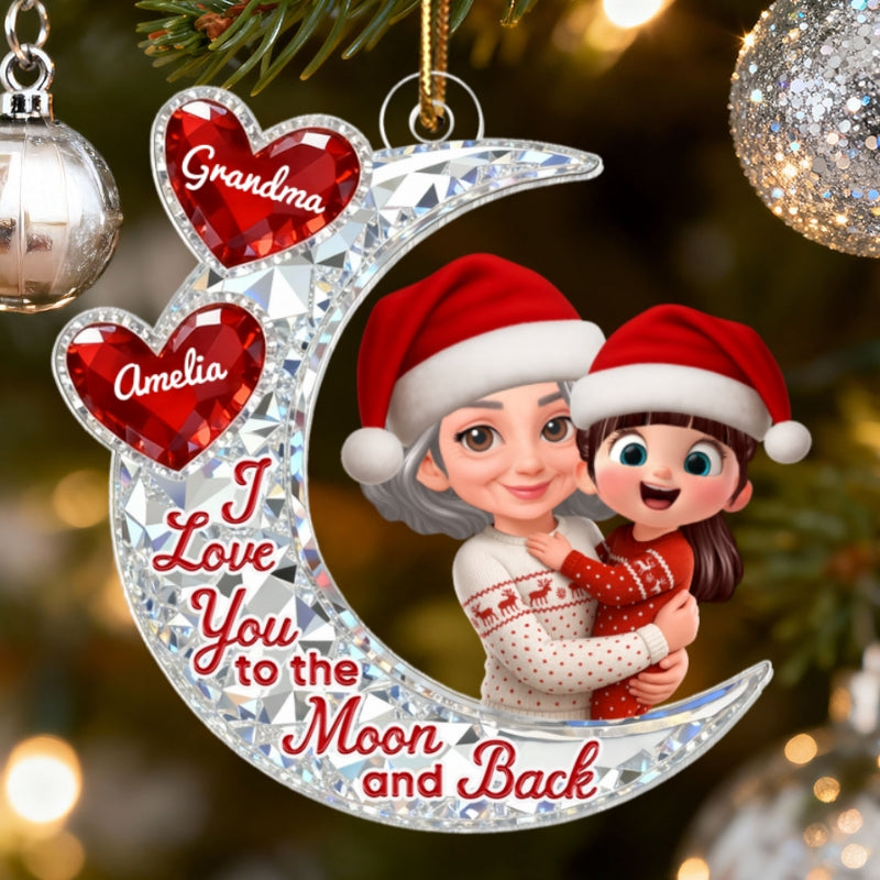 3D Effect Flat Moon Grandma Grandkid Love You To The Moon And Back - Personalized Acrylic Ornament - Christmas Gift For All Grandkids