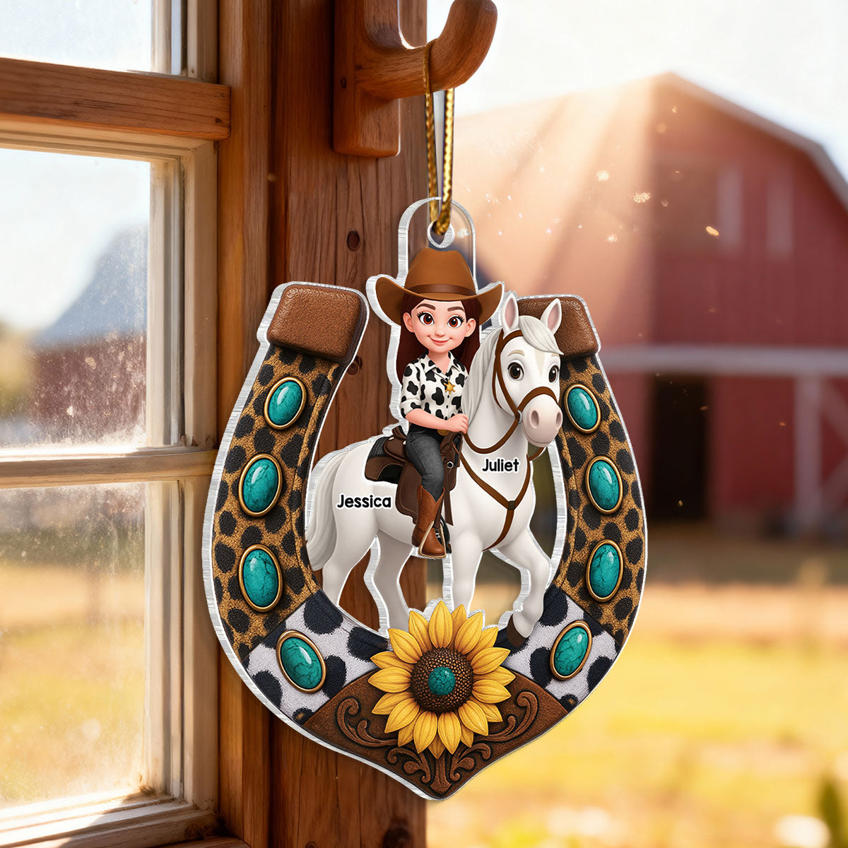 3D Effect Cowgirl And Her Horse Horseshoe - Personalized Acrylic Ornament - Christmas Gift