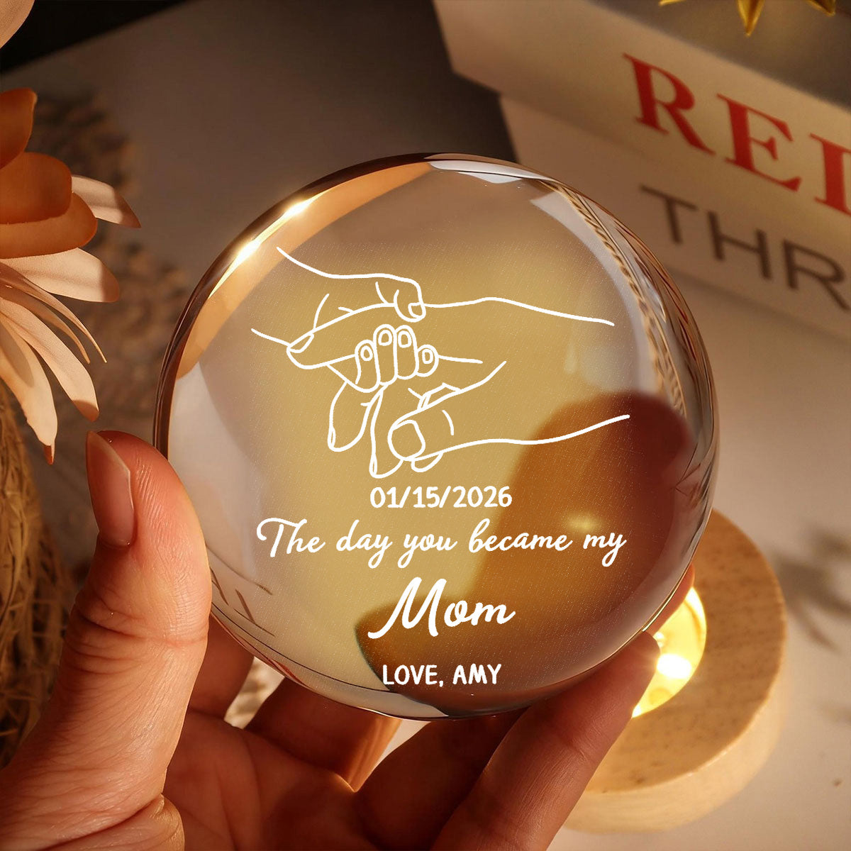 The Day You Became My Mom Mummy Holding Hand First Mother's Day - Personalized Crystal Ball LED Night Light - First Mother's Day Gift For New Mum, New Mom
