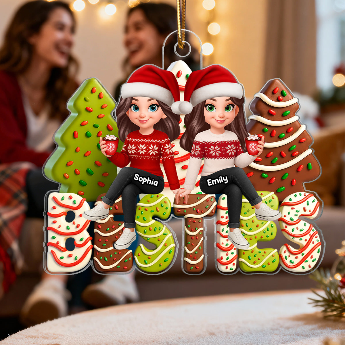 3D Effect Christmas Tree Cake Besties - Personalized Acrylic Ornament - Gift For Best Friends