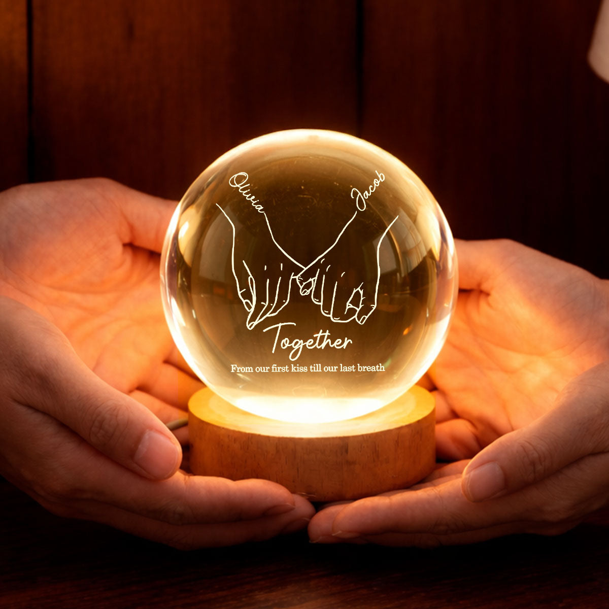 Couple Interlocked Hands - Personalized Crystal Ball LED Night Light - Sentimental Gift for Her, for Him, Couple Keepsake